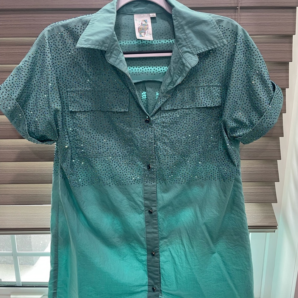 Embellished Teal Button-Up Dress